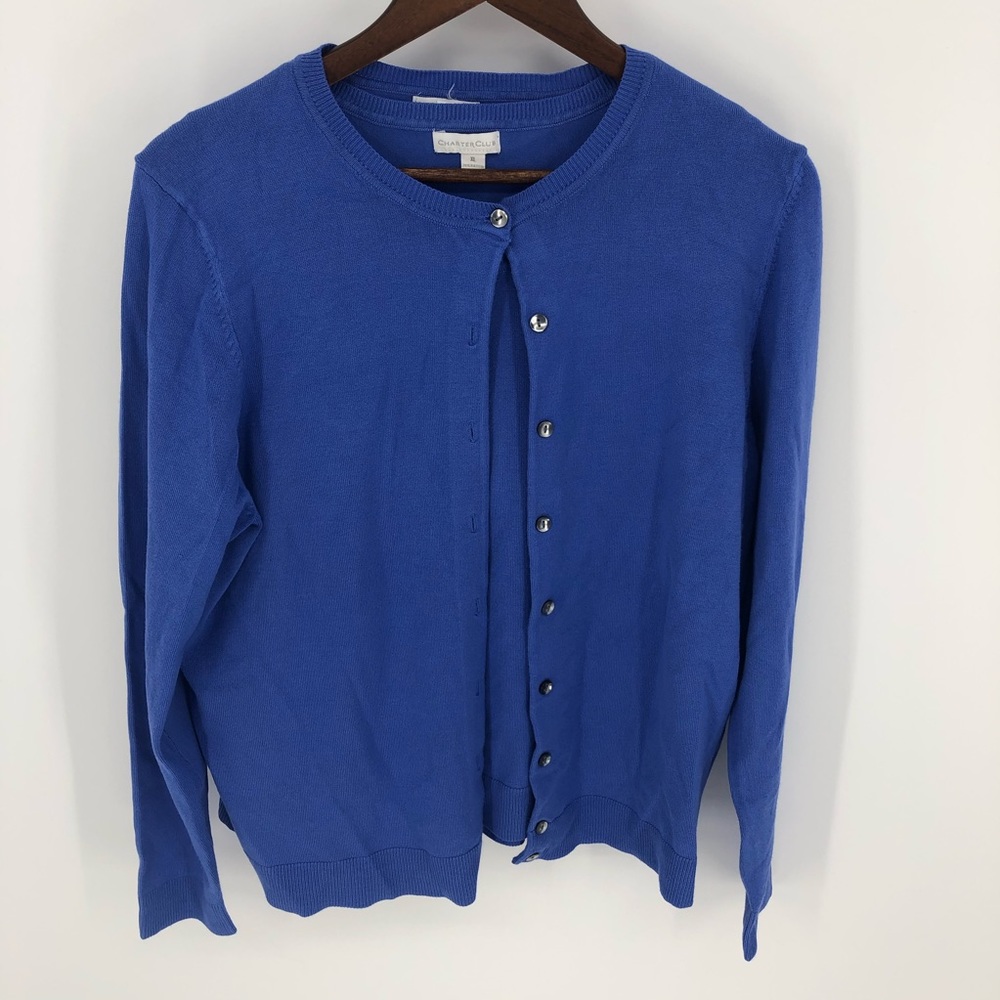 Blue Crewneck Button Cardigan Sweater Set